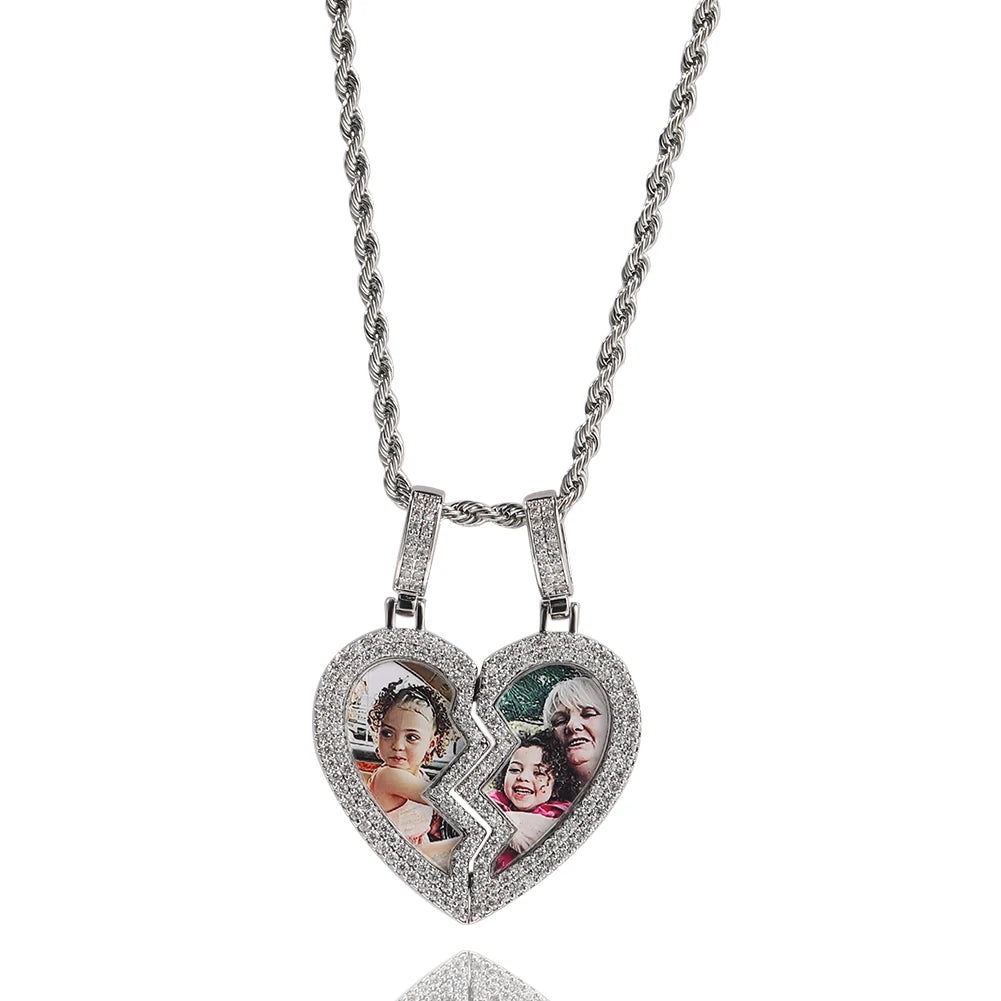 Heart Medallion Picture Pendant Necklaces Iced Out CZ Half Magnetic Heart Charms