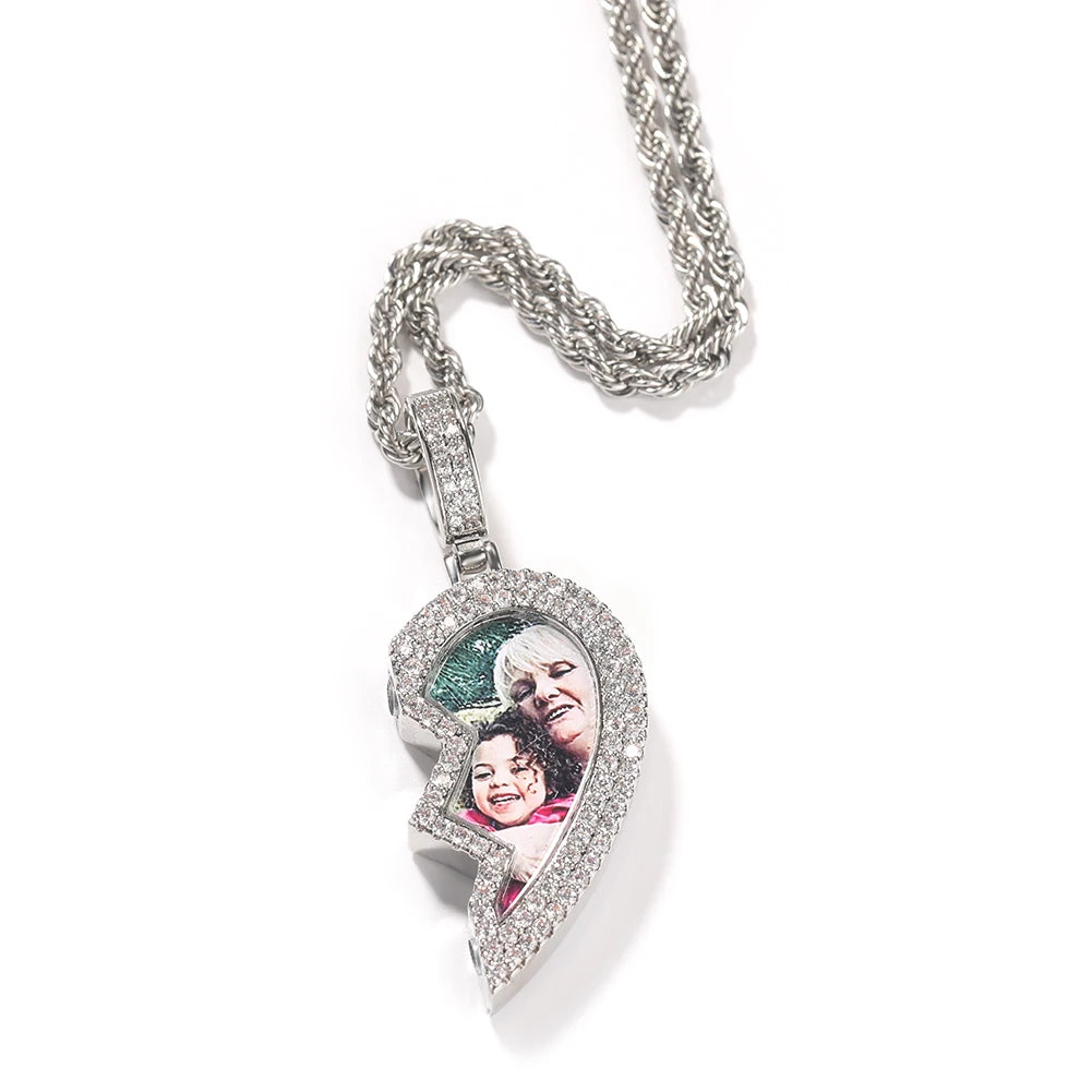 Heart Medallion Picture Pendant Necklaces Iced Out CZ Half Magnetic Heart Charms