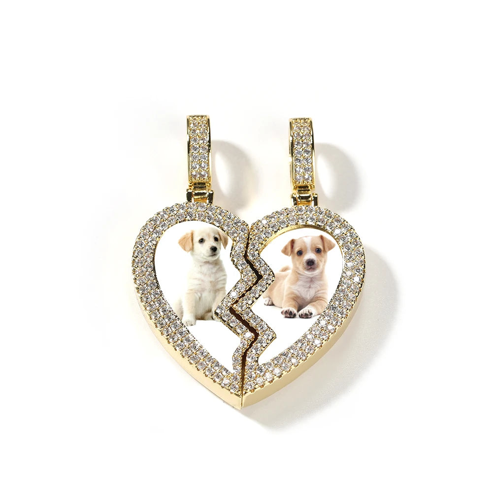 Gold Heart Medallion Picture Pendant Necklaces Iced Out CZ Half Magnetic Heart Charms