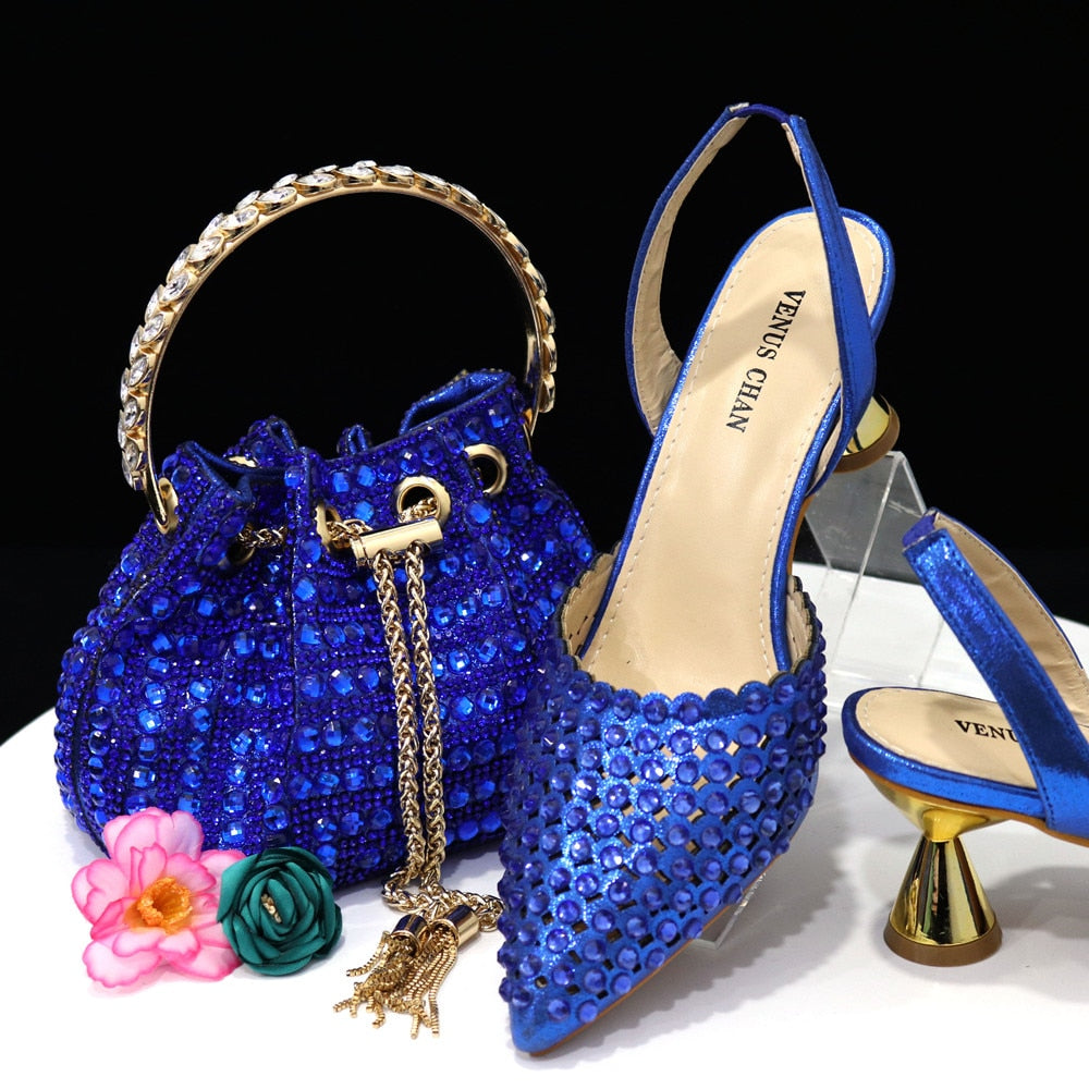 Blue pointed toe heels shoes matching bag