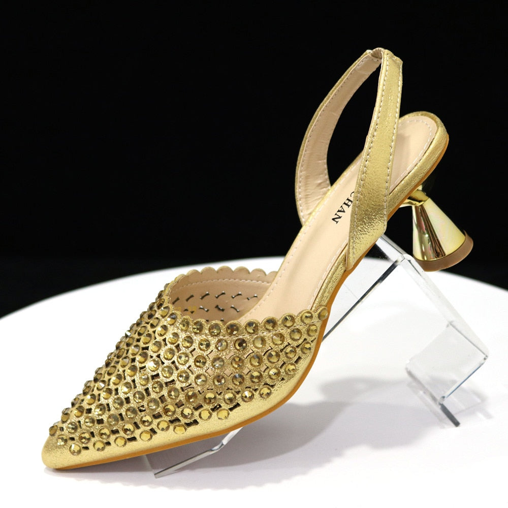 Gold pointed toe heels shoes