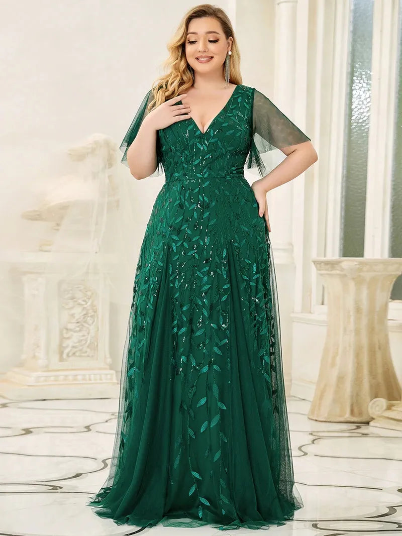 Plus Size Evening Dresses Long A-LINE V-Neck Half Sleeves Floor-Length Make Me Elegant Plus Size Evening Dresses Long A-LINE V-Neck Half Sleeves Floor-Length Make Me Elegant