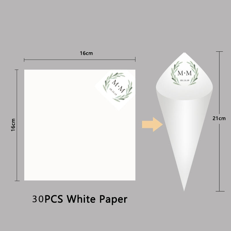 Personalized Wedding Cones,White Paper Size 16x16cm ,Custom Name and Date Confetti Toss Cones for Bridal Shower Party Favors