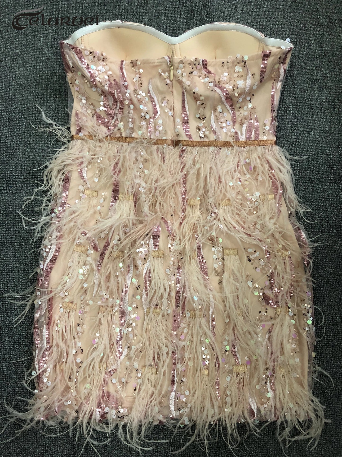 Pink Sequin Feather Mini Dress Fashion Strapless Cute Dress