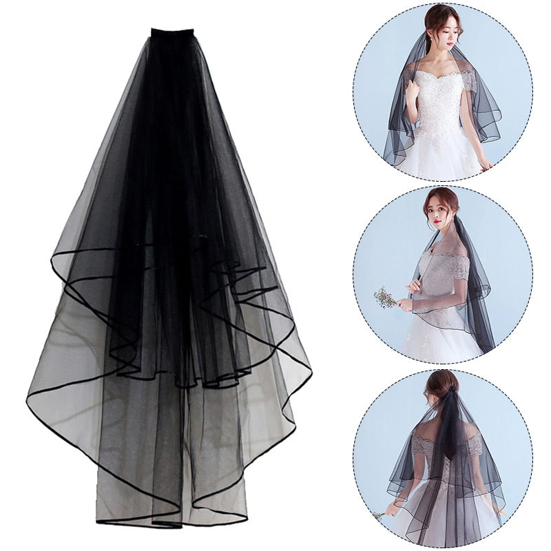 Black Wedding Veil with Ribbon Edge Short Bridal Veils with Comb