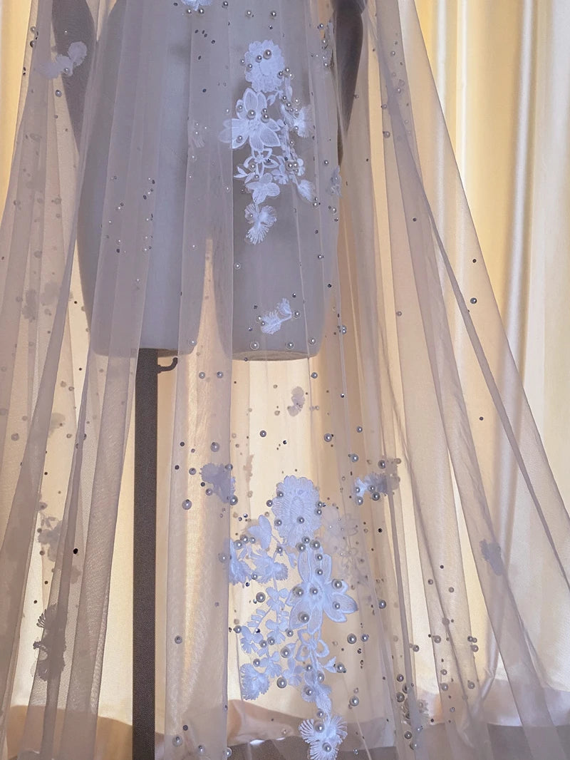Appliques Wedding Veil 3D Flowers With Pearls Bridal Veils