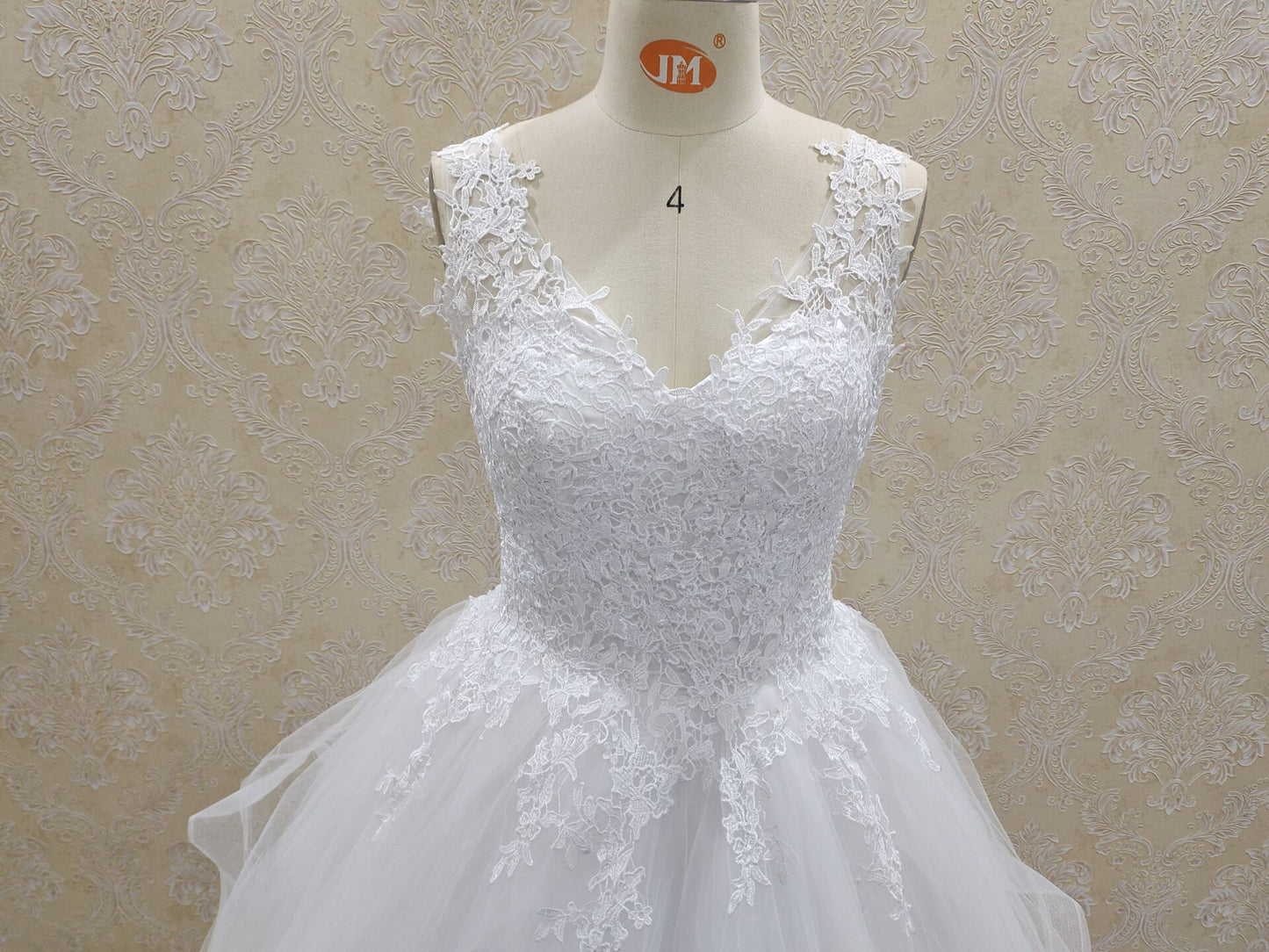 V-neck Princess Ball Gown Wedding Dress With Tiered Tulle Skirt White Bride Dress