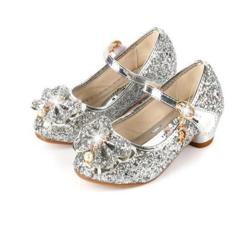 Princess Butterfly Leather Shoes Kids Diamond Bowknot High Heel Glitter Shoes