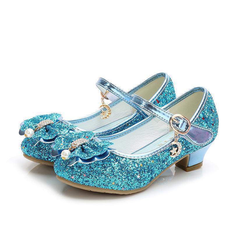 Princess Butterfly Leather Shoes Kids Diamond Bowknot High Heel Glitter Shoes