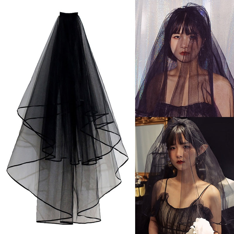 Black Wedding Veil with Ribbon Edge Short Bridal Veils with Comb
