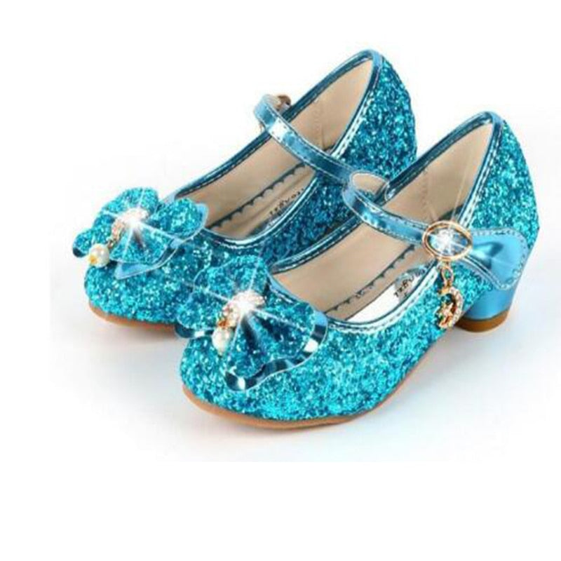 Princess Butterfly Leather Shoes Kids Diamond Bowknot High Heel Glitter Shoes