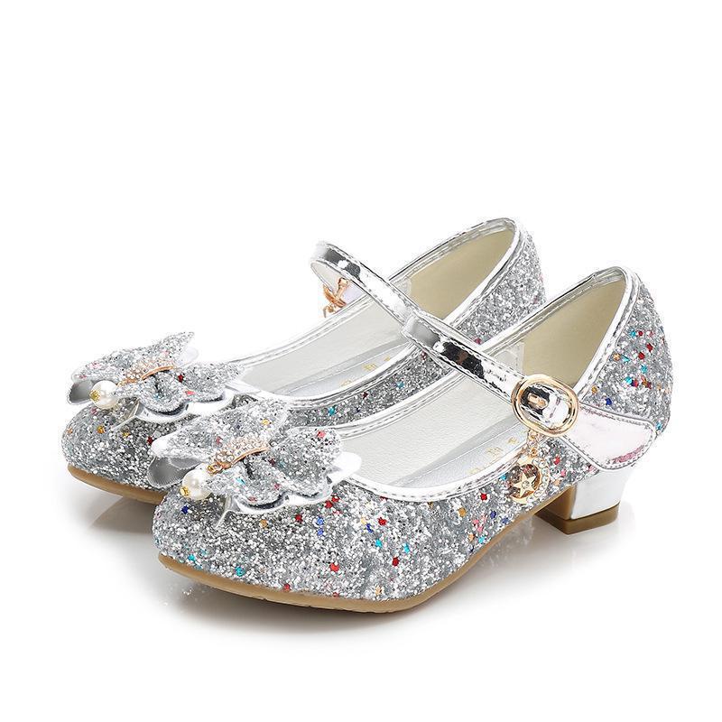 Princess Butterfly Leather Shoes Kids Diamond Bowknot High Heel Glitter Shoes