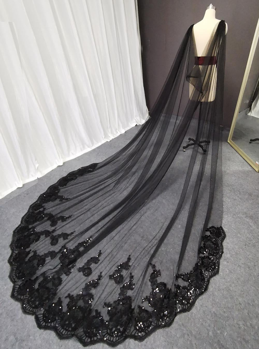 Long Wedding Boleros Bling Sequins Lace Cathedral Bridal Cape Veil