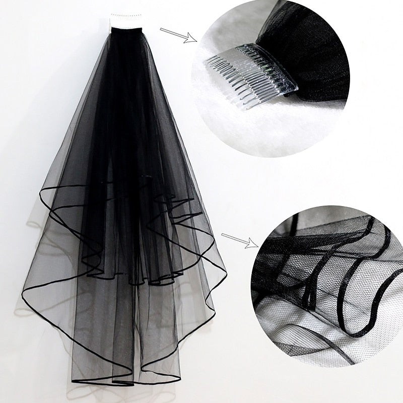 Black Wedding Veil with Ribbon Edge Short Bridal Veils with Comb