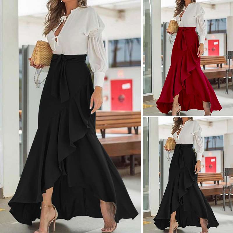 Fishtail Skirts Fashion High Waist Belted Loose Asymmetrical Ruffles Skirts