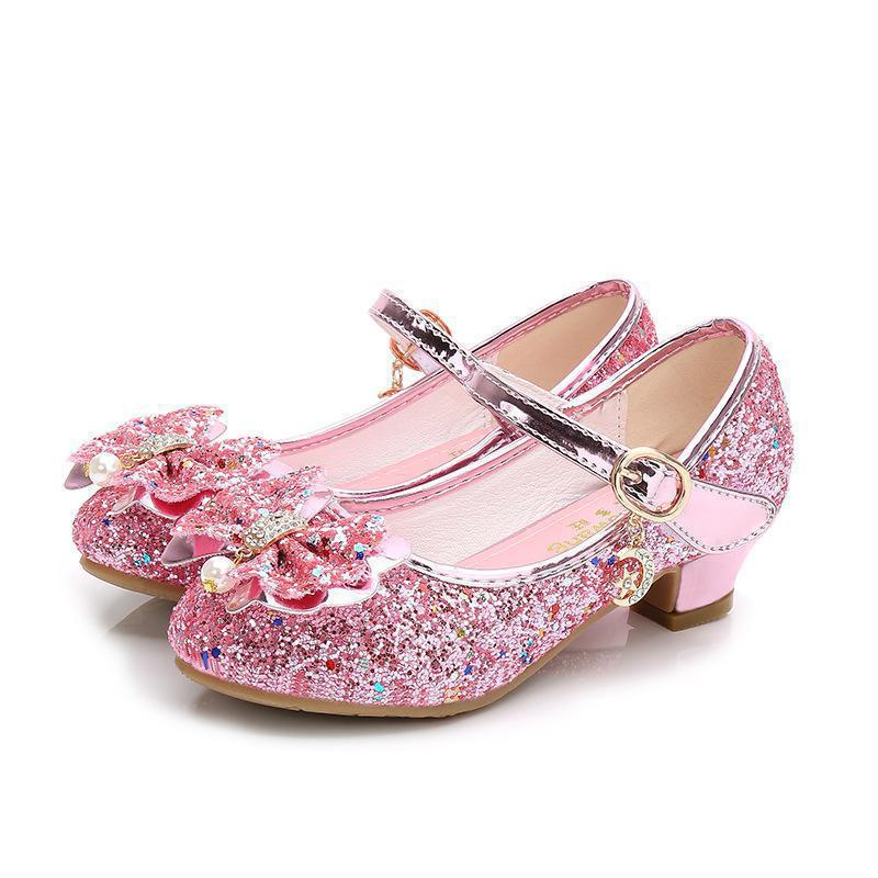 Princess Butterfly Leather Shoes Kids Diamond Bowknot High Heel Glitter Shoes