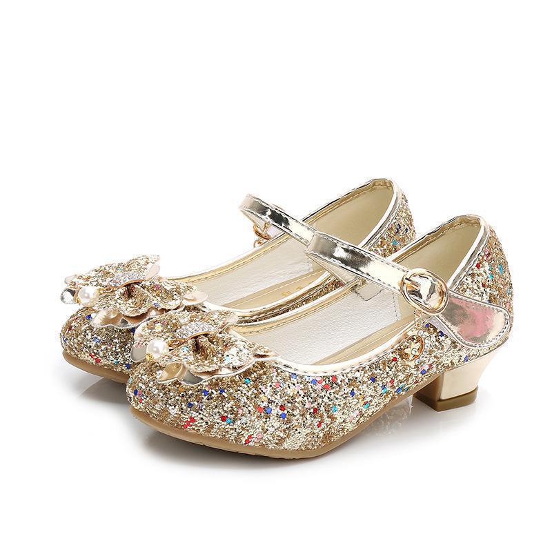 Princess Butterfly Leather Shoes Kids Diamond Bowknot High Heel Glitter Shoes