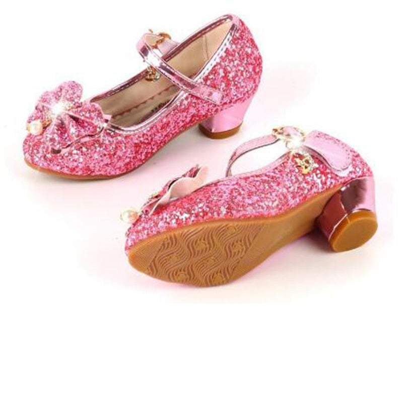 Princess Butterfly Leather Shoes Kids Diamond Bowknot High Heel Glitter Shoes