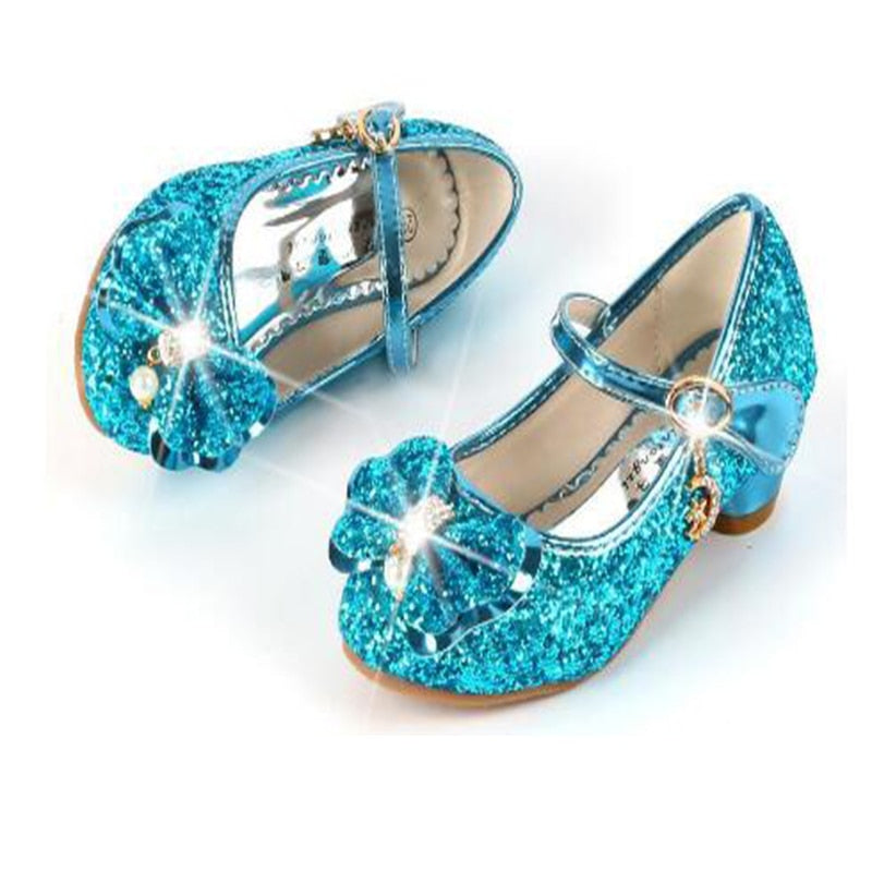 Princess Butterfly Leather Shoes Kids Diamond Bowknot High Heel Glitter Shoes