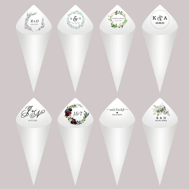 Personalized Wedding Cones,White Paper Size 16x16cm ,Custom Name and Date Confetti Toss Cones for Bridal Shower Party Favors