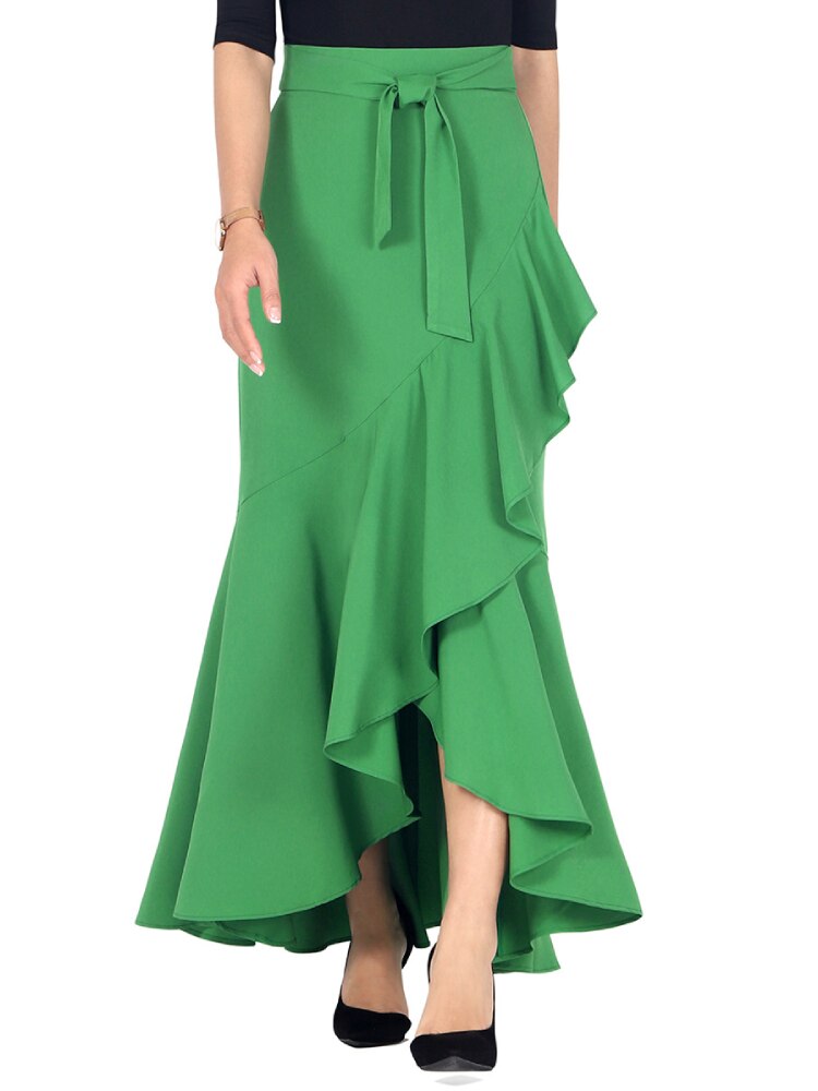 Long Skirts Women Elegant Spring High Waist Wrap Maxi Skirt Asymmetrical Ruffle Mermaid