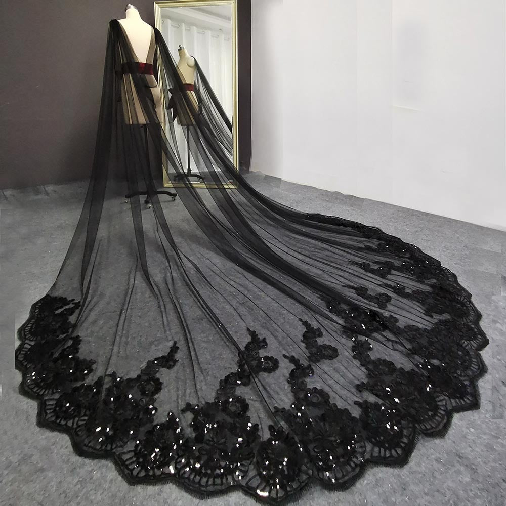 Long Wedding Boleros Bling Sequins Lace Cathedral Bridal Cape Veil