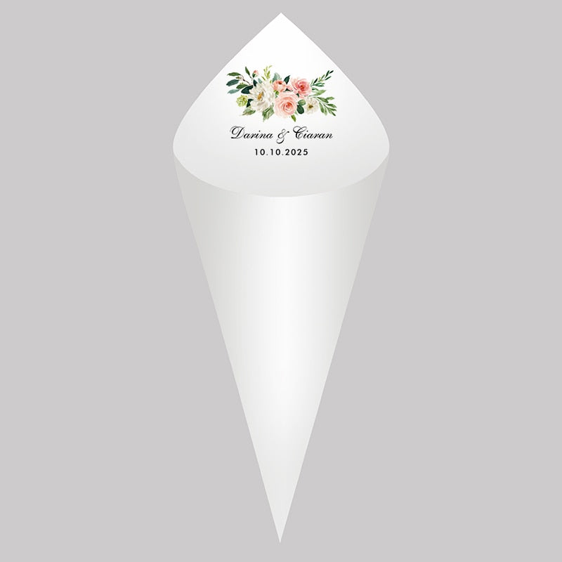 Personalized Wedding Cones,White Paper Size 16x16cm ,Custom Name and Date Confetti Toss Cones for Bridal Shower Party Favors