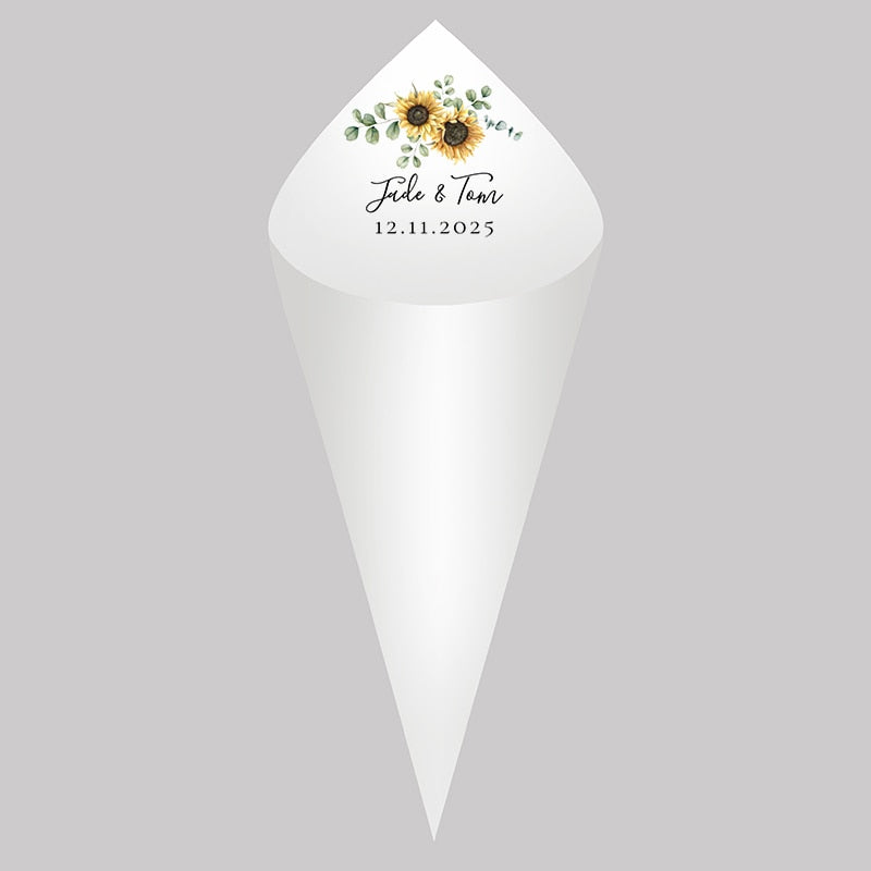 Personalized Wedding Cones,White Paper Size 16x16cm ,Custom Name and Date Confetti Toss Cones for Bridal Shower Party Favors