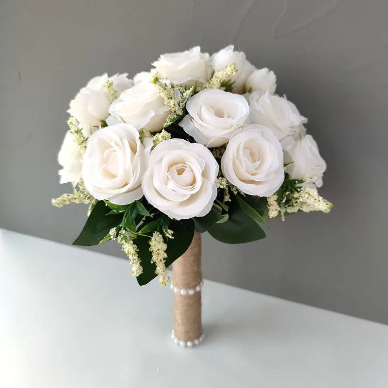 Bridal Bridesmaid Wedding Bouquet White Silk Flowers Roses