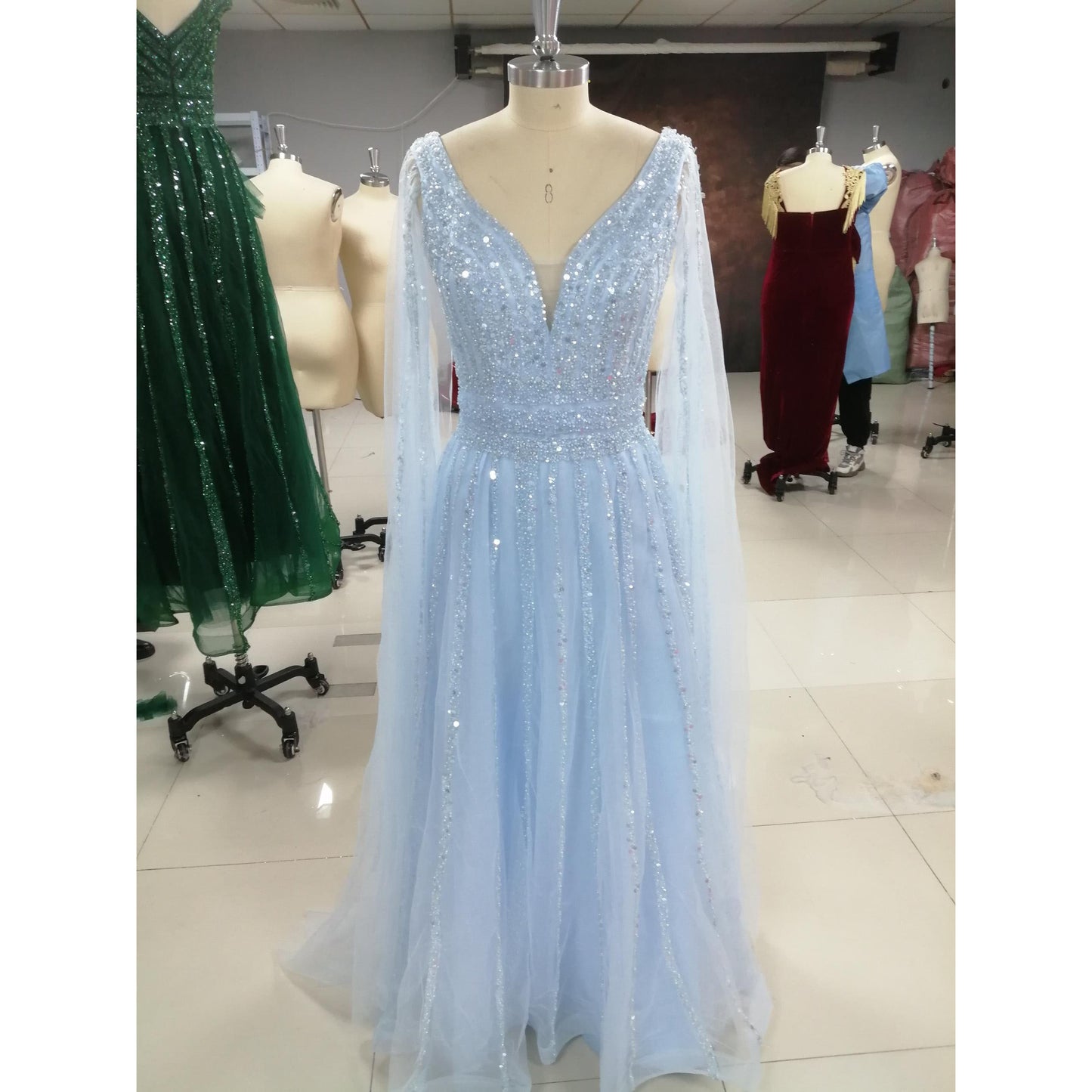 A Line Shinning V Neck Luxury Sequined Formal Dresses