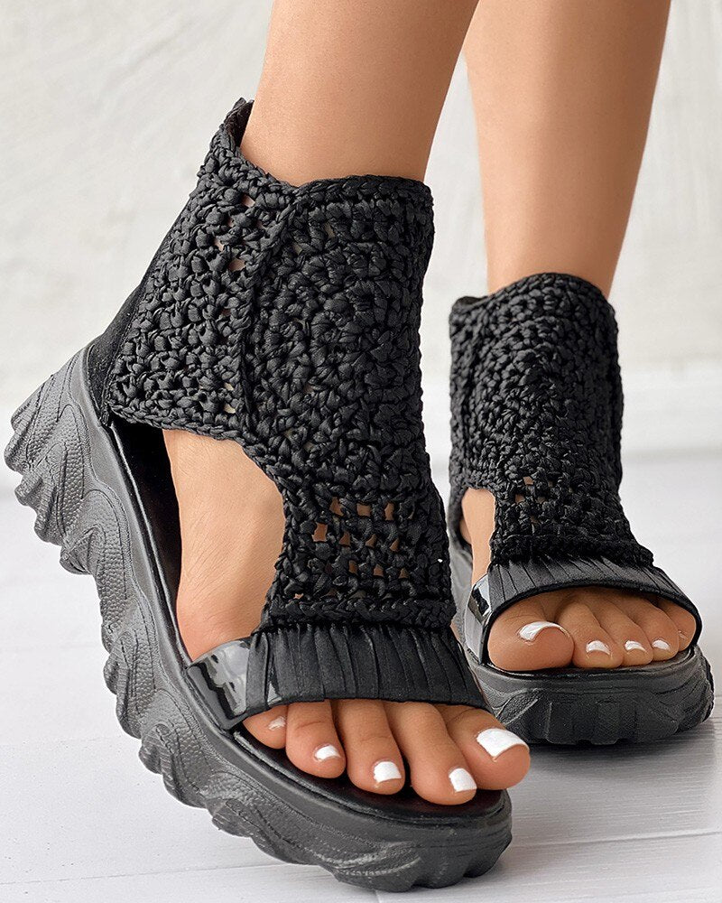 Sandals Unique Braided Geometric Wedge Sandals Knitted Elastic