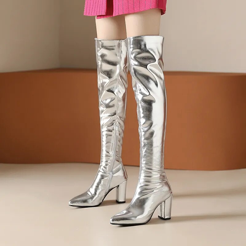  Silver The Knee High Boots Thigh Boots Pinted Toe Zipper