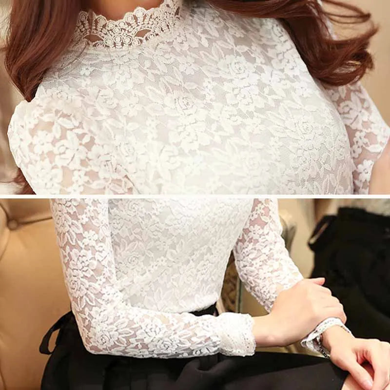 Elegant Lace Crocheted Hollow Out Top with Stand-up Collar