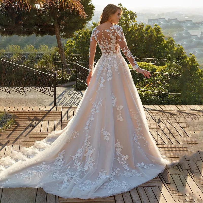 Elegant Lace A-line Wedding Dress Full Sleeves Court Train O-neck Buttons