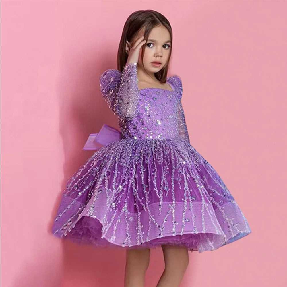 Sequined Pageant Gowns Tutu Girls Flower Girl Dresses Full Sleeve
