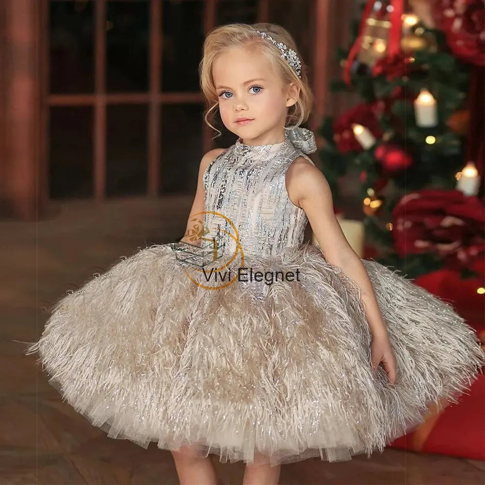 Tiered Champagne Flower Girl Dresses with Sequined Feather Make Me Elegant Tiered Champagne Flower Girl Dresses with Sequined Feather Make Me Elegant