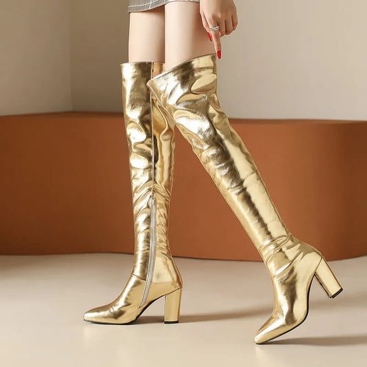 Gold Silver The Knee High Boots Thigh Boots Pinted Toe Zipper