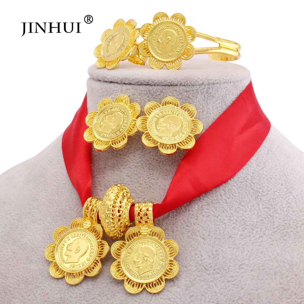 Ethiopian Luxury Jewelry sets Gold plated Earrings Ring Bangle Pendant Red Rope Chain