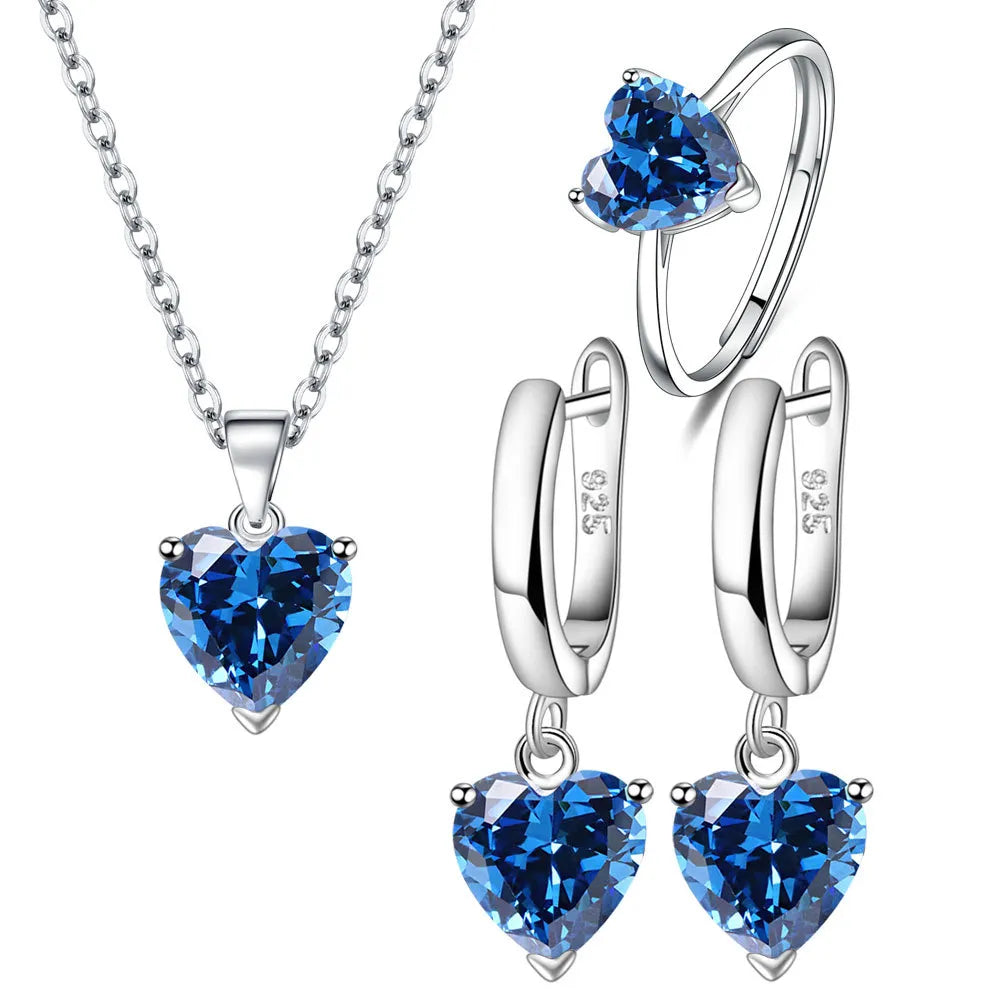 925 Sterling Silver Jewelry Sets Heart Zircon Ring Earrings Necklace
