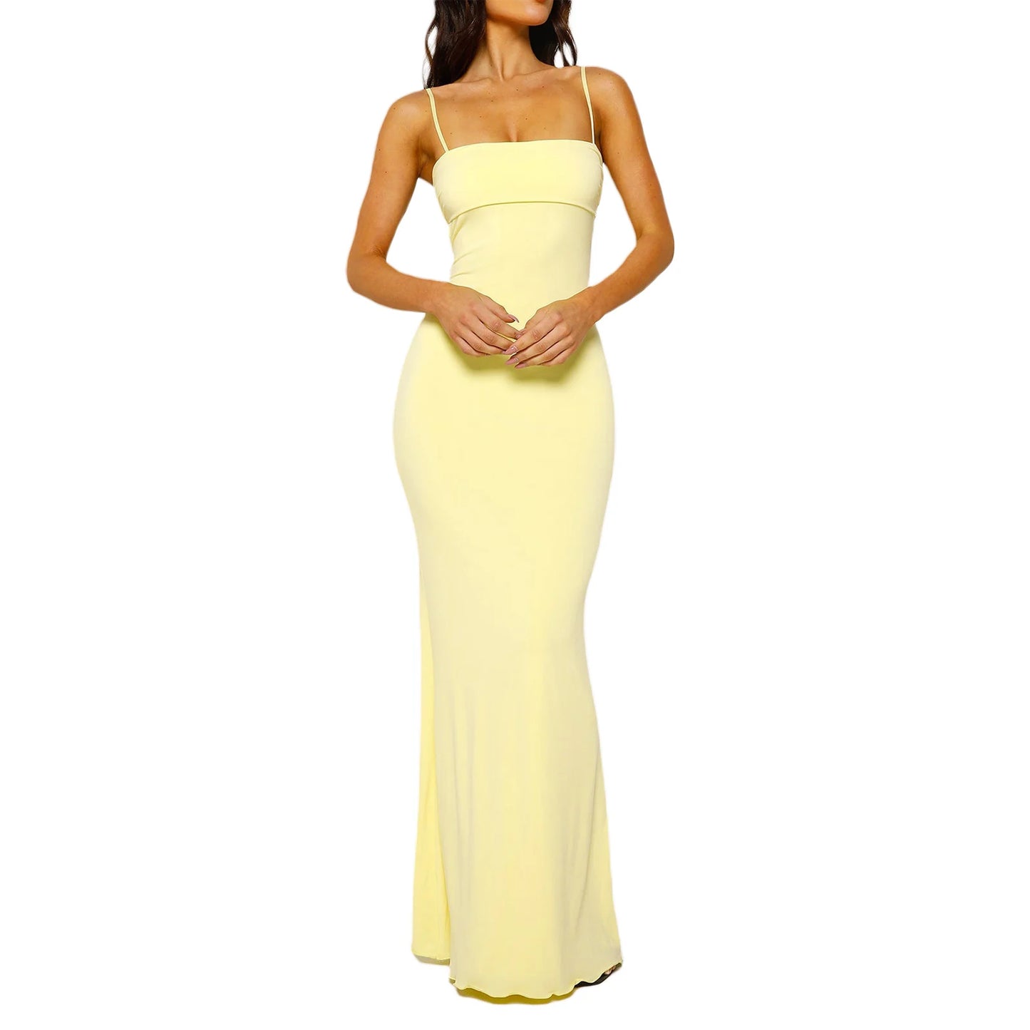 Long Cami Yellow Dress Slim Fit Square Neck Adjustable Spaghetti Strap