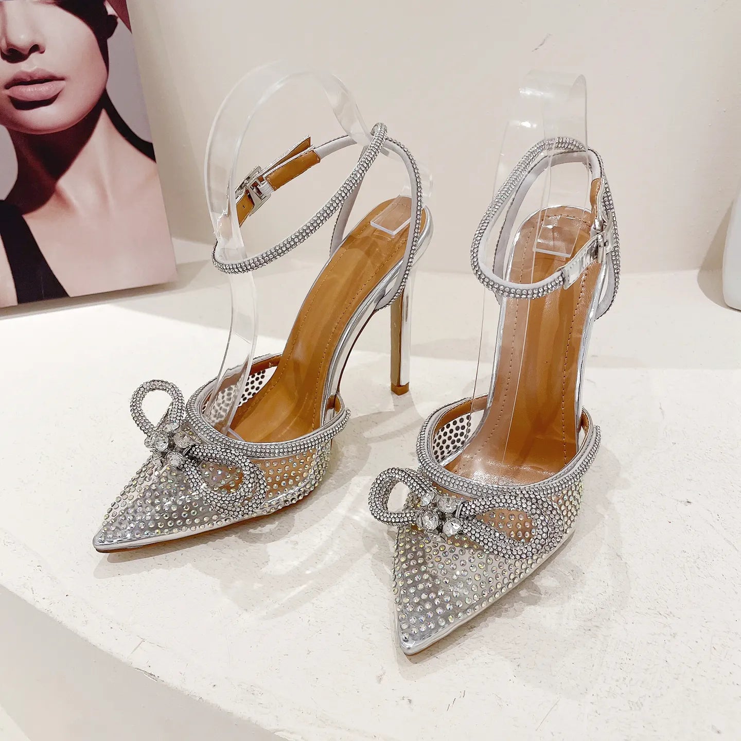 Transparent Pumps Butterfly-knot crystal High Heels Pointed Toe shoes