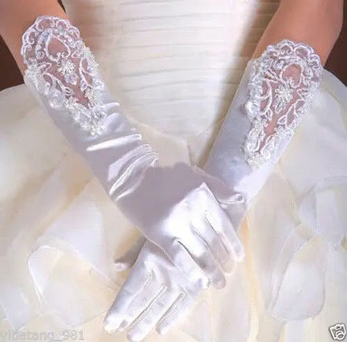 Long White Satin Gloves