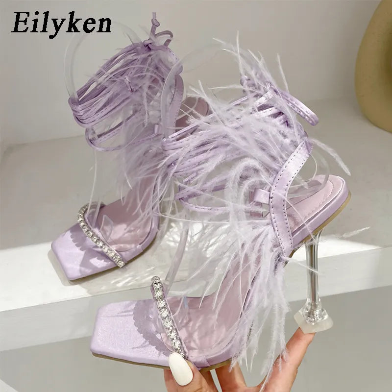 Rhinestone Feather Sandals Lace-up Cross-Tied Gladiator Square Toe