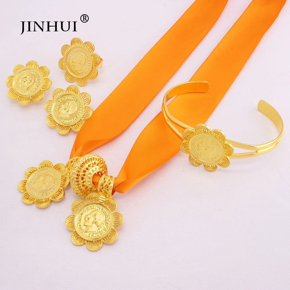 Ethiopian Luxury Jewelry sets Gold plated Earrings Ring Bangle Pendant Red Rope Chain