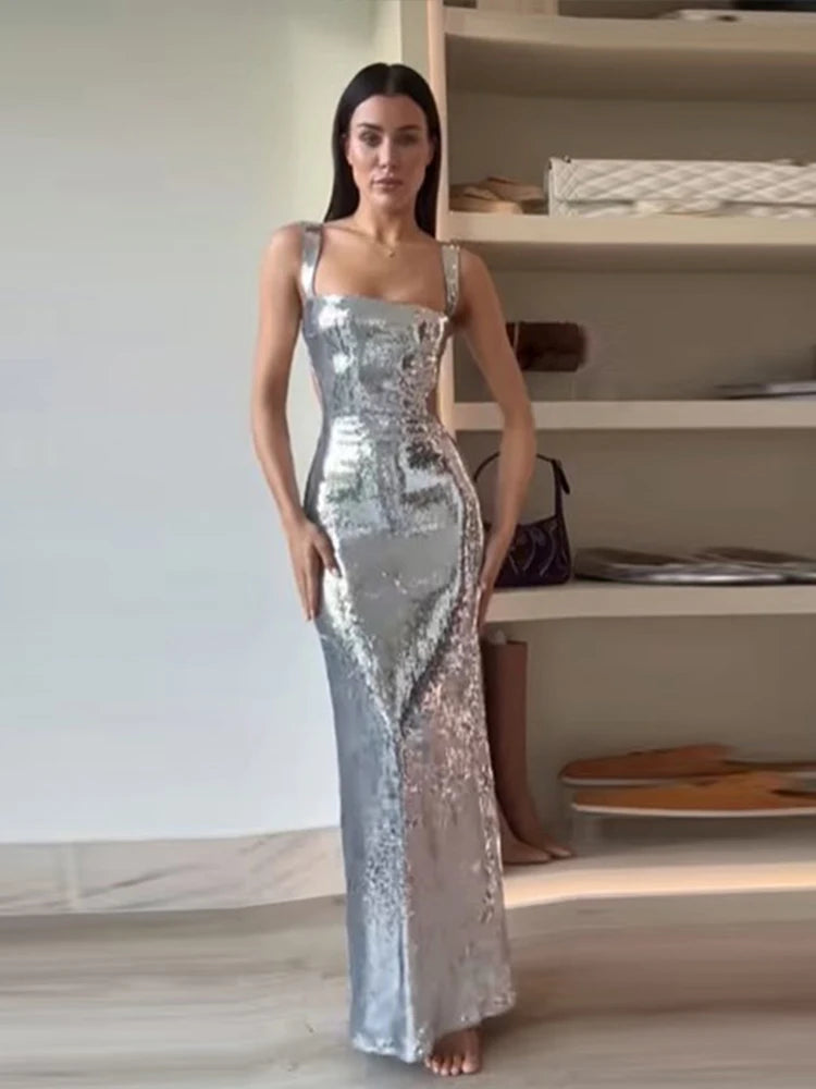 Sling Backless Silvery Maxi High Waist Date Night Dress