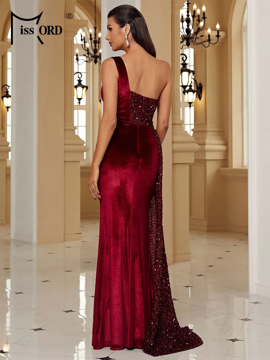 Wine Sequin Velvet Evening Dress