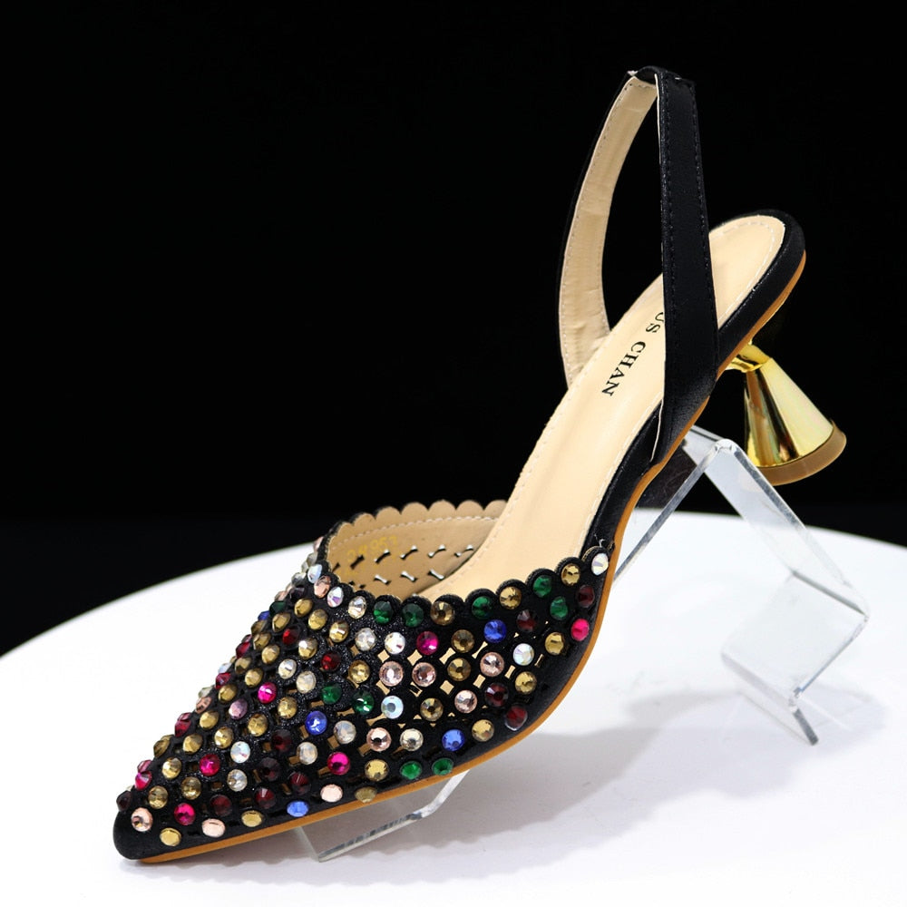 Pointed Toe Heels Elegant Colors Diamond Pumps Shoes and Bags Matching Set