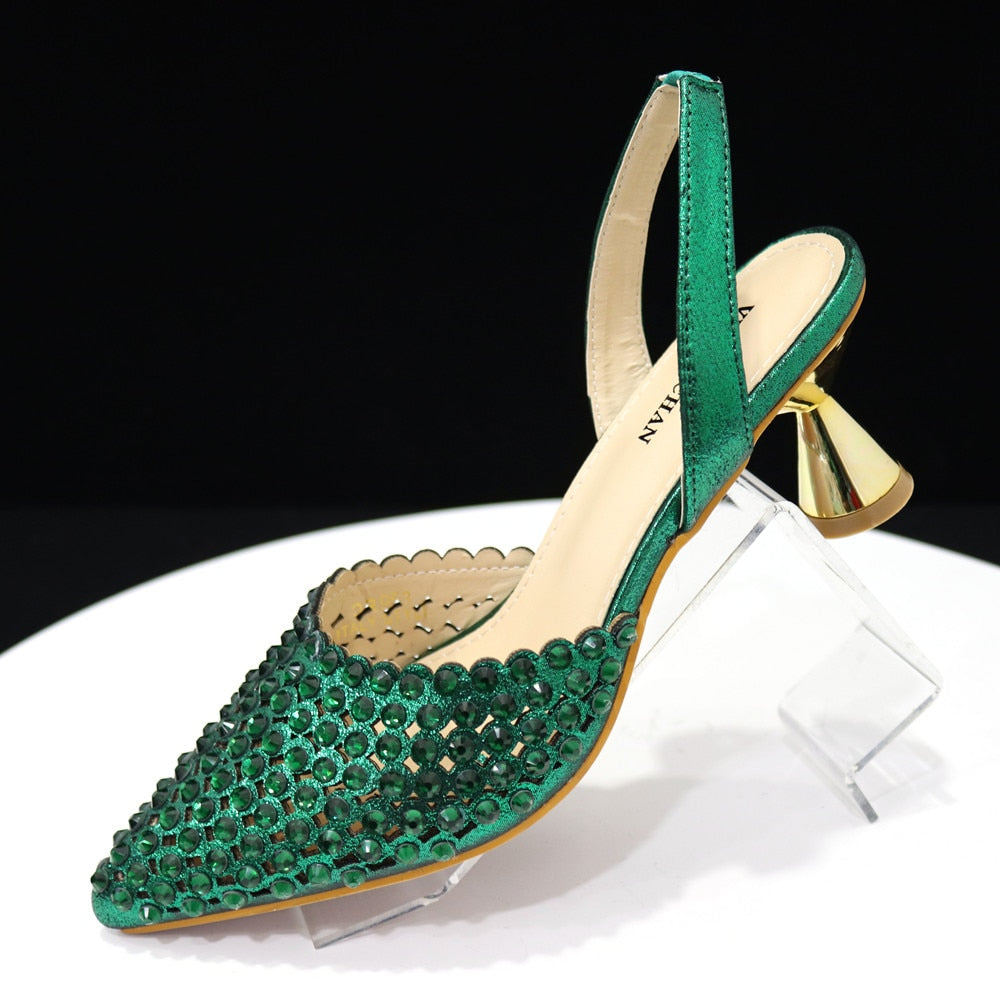 Pointed Toe Heels Elegant Colors Diamond Pumps Shoes and Bags Matching Set