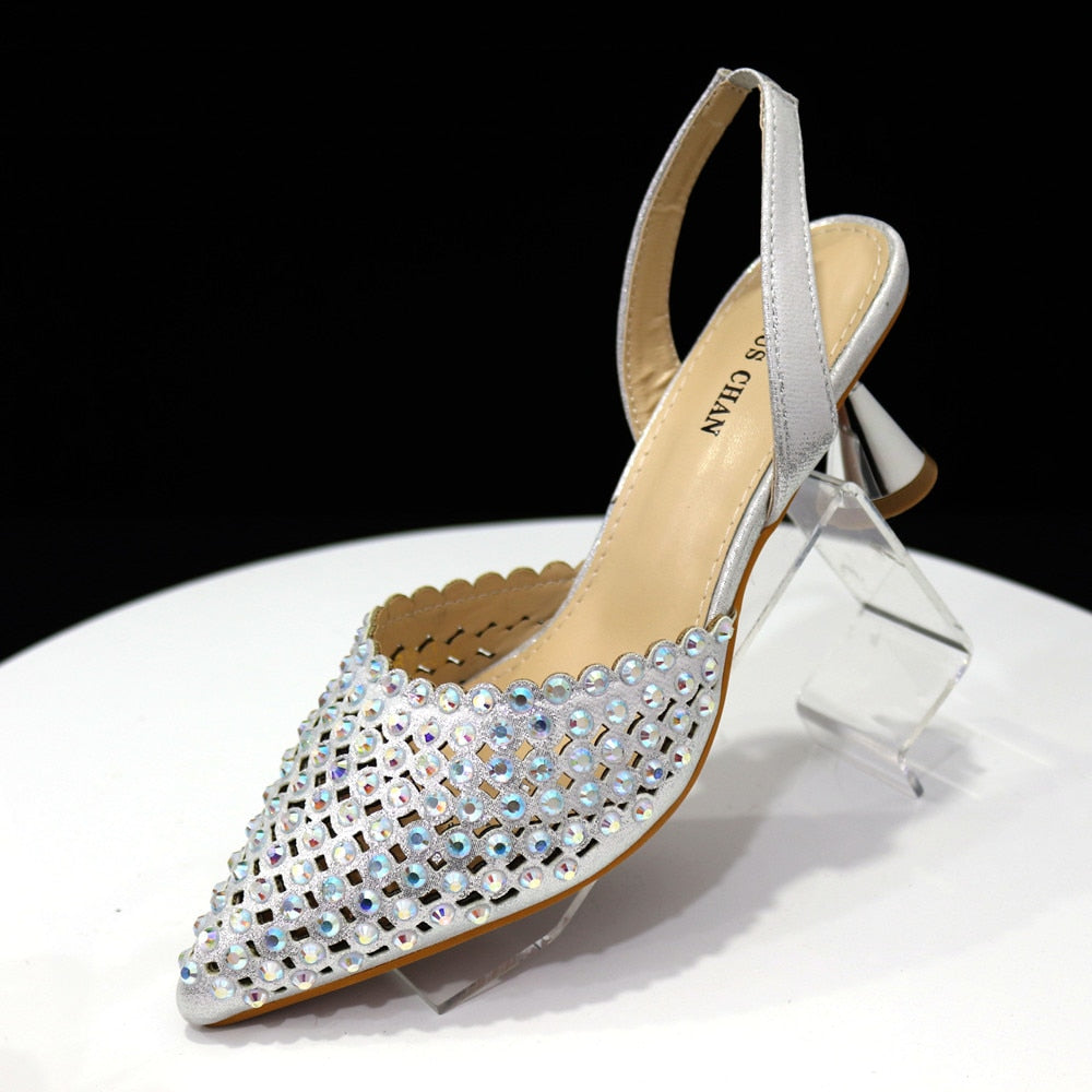 Pointed Toe Heels Elegant Colors Diamond Pumps Shoes and Bags Matching Set