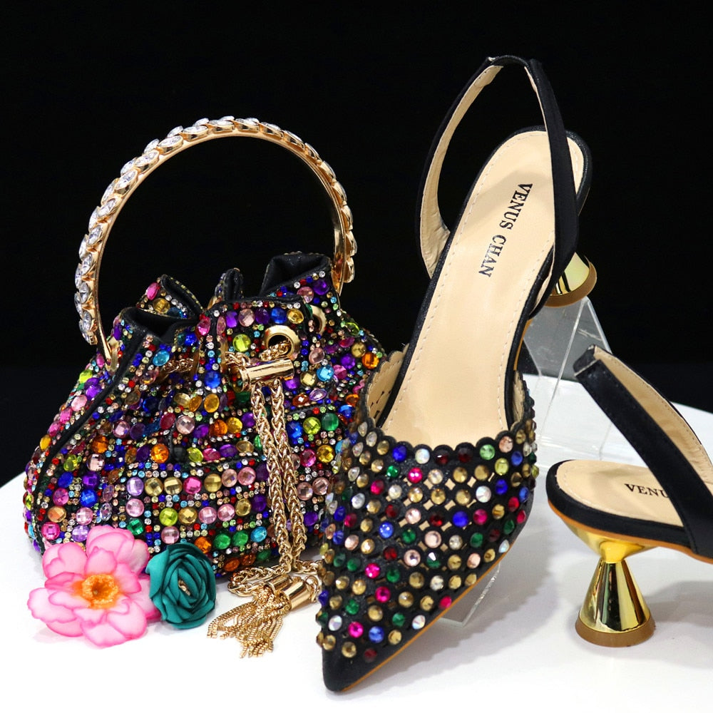 Pointed Toe Heels Elegant Colors Diamond Pumps Shoes and Bags Matching Set